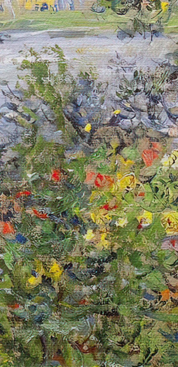 Een schilderij van een tuin met bloemen en bomen Een schilderij van een tuin met bloemen en bomen