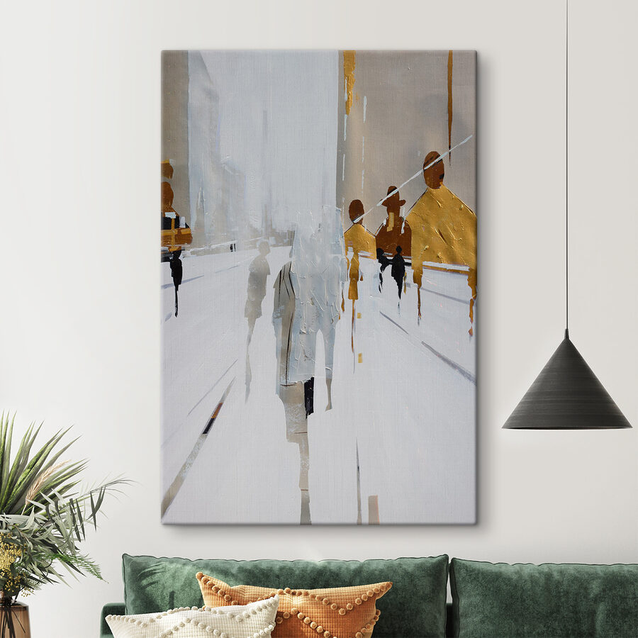 Een schilderij van mensen die op een besneeuwde straat lopen