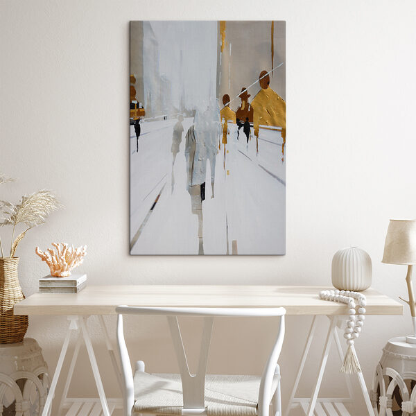Een schilderij van mensen die op een besneeuwde straat lopen Een schilderij van mensen die op een besneeuwde straat lopen