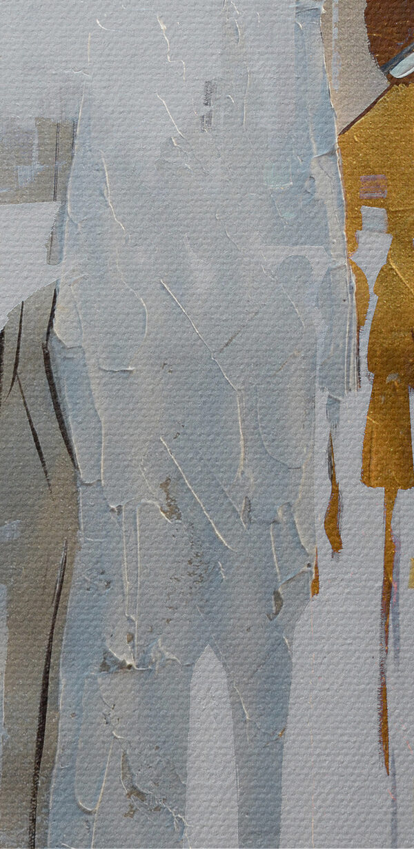 Een schilderij van mensen die op een besneeuwde straat lopen Een schilderij van mensen die op een besneeuwde straat lopen