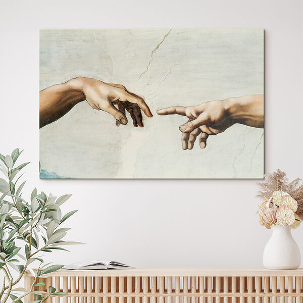 Een schilderij van handen die elkaar aanraken Een schilderij van handen die elkaar aanraken