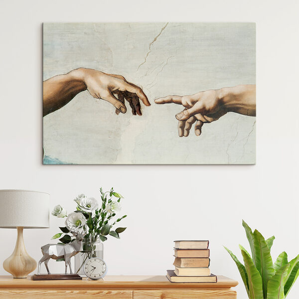 Een schilderij van handen die elkaar aanraken Een schilderij van handen die elkaar aanraken