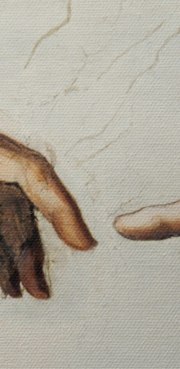 Een schilderij van handen die elkaar aanraken Een schilderij van handen die elkaar aanraken