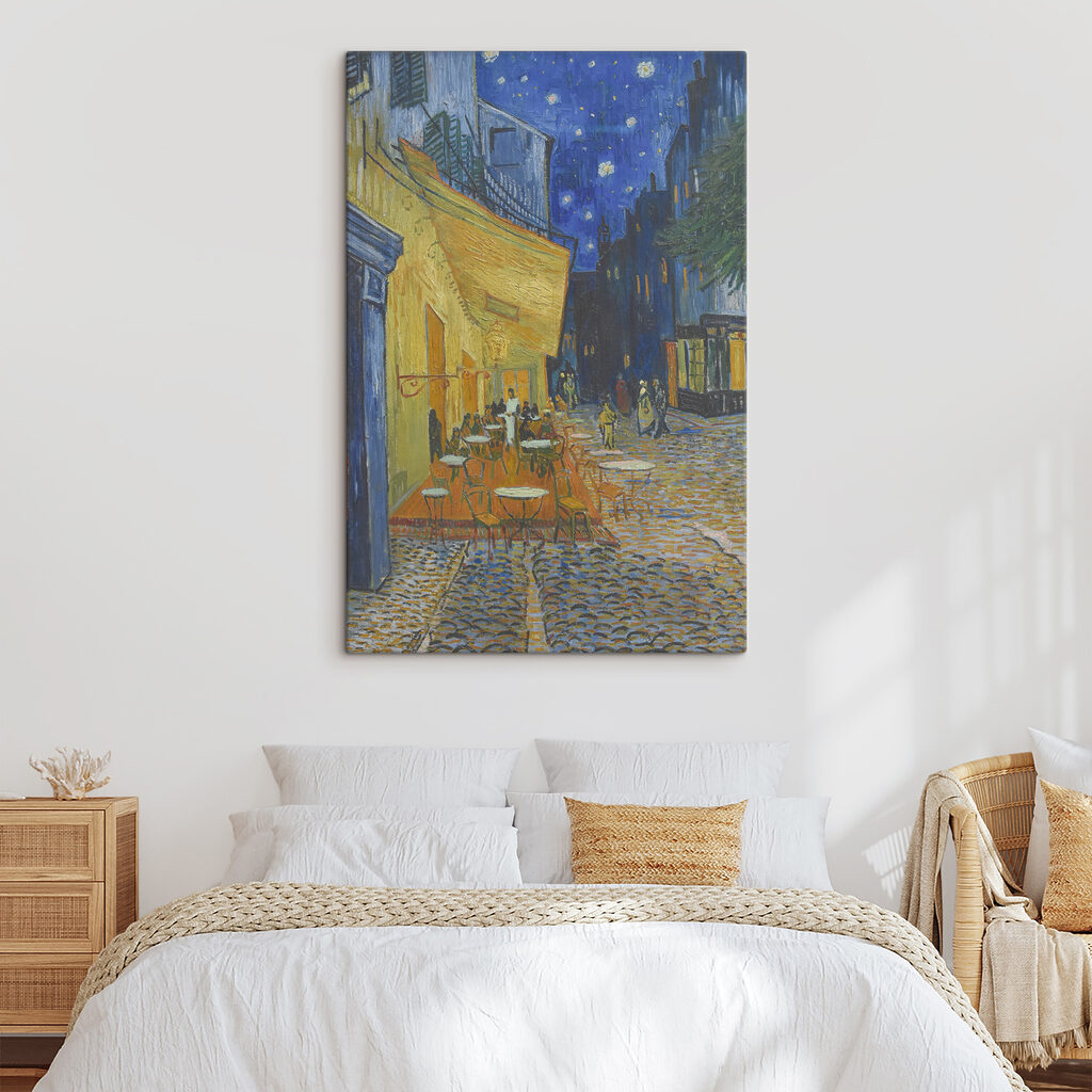 A painting of a street with tables and chairs