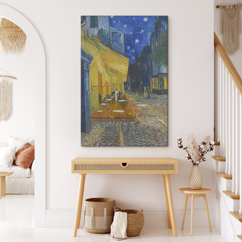 A painting of a street with tables and chairs