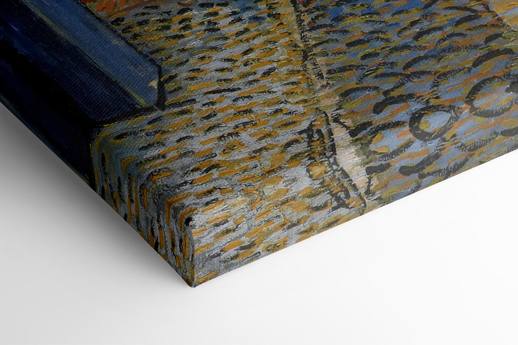 A painting of a street with tables and chairs