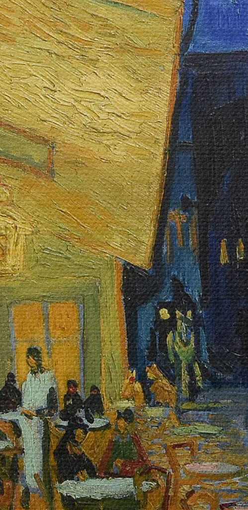 A painting of a street with tables and chairs