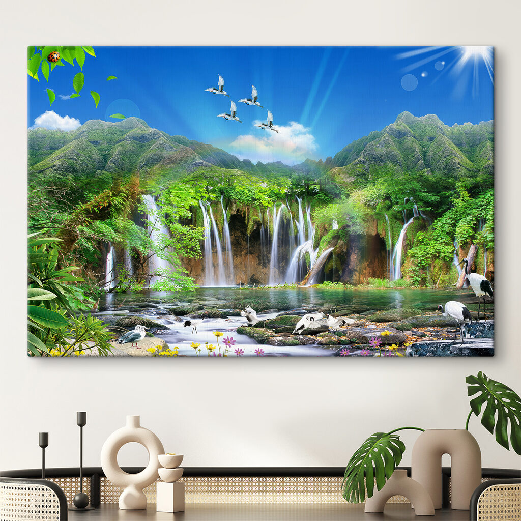 A waterfall with birds flying over it A waterfall with birds flying over it
