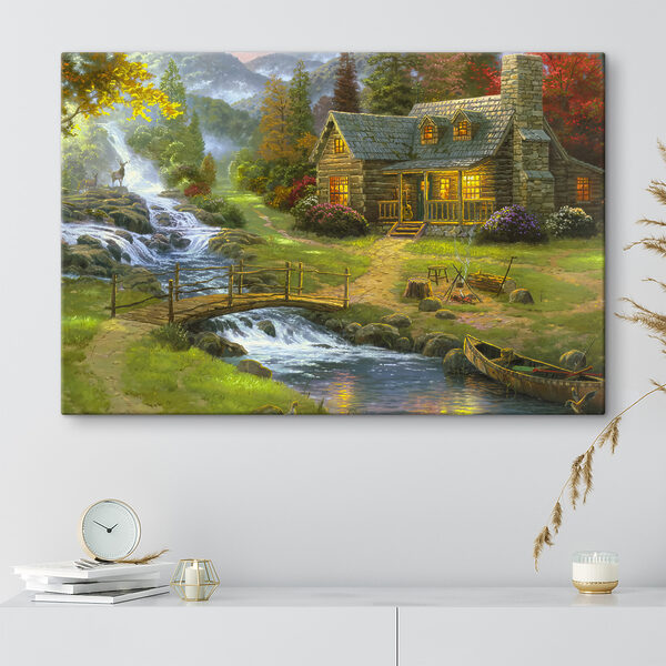 Een schilderij van een blokhut met een brug over een rivier Een schilderij van een blokhut met een brug over een rivier