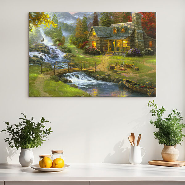 Een schilderij van een blokhut met een brug over een rivier Een schilderij van een blokhut met een brug over een rivier