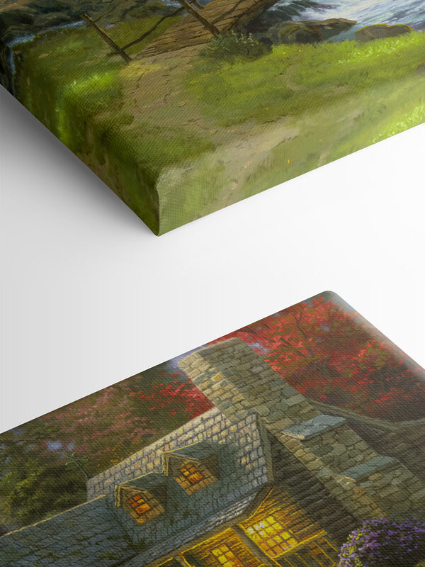 Een schilderij van een blokhut met een brug over een rivier Een schilderij van een blokhut met een brug over een rivier