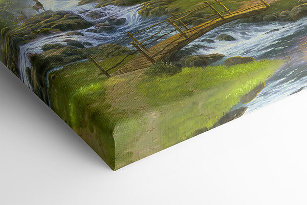 Een schilderij van een blokhut met een brug over een rivier Een schilderij van een blokhut met een brug over een rivier