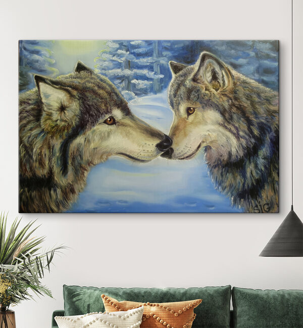 Een schilderij van twee kussende wolven Een schilderij van twee kussende wolven