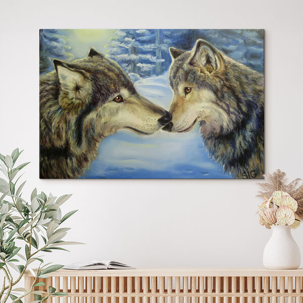 Een schilderij van twee kussende wolven Een schilderij van twee kussende wolven