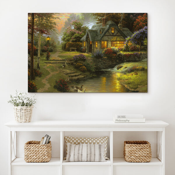Een schilderij van een huisje bij een rivier Een schilderij van een huisje bij een rivier