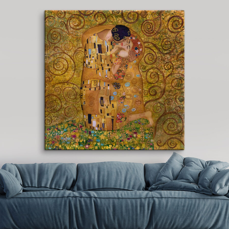Een schilderij van een kussende man en vrouw