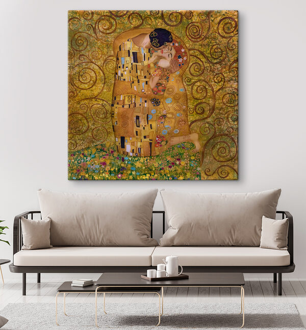 Een schilderij van een kussende man en vrouw Een schilderij van een kussende man en vrouw