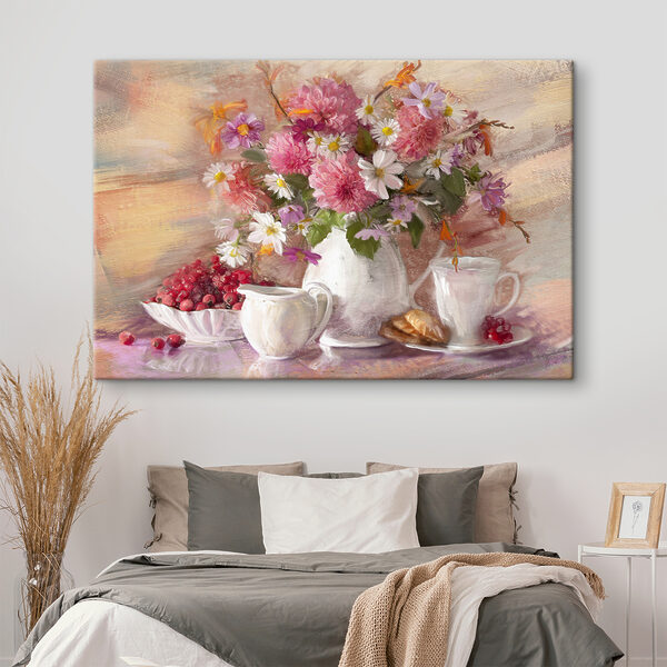 A painting of flowers in a vase and a bowl of croissants A painting of flowers in a vase and a bowl of croissants