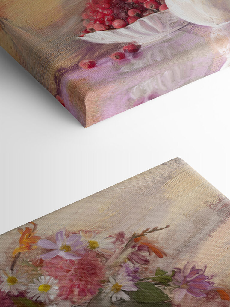 A painting of flowers in a vase and a bowl of croissants A painting of flowers in a vase and a bowl of croissants