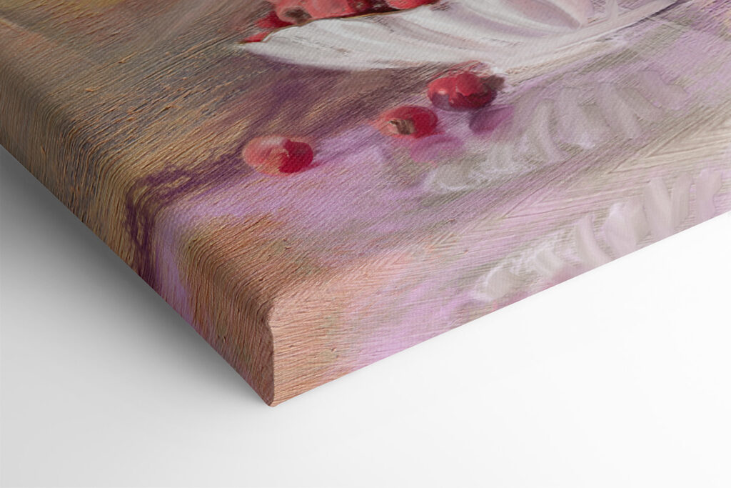 A painting of flowers in a vase and a bowl of croissants A painting of flowers in a vase and a bowl of croissants