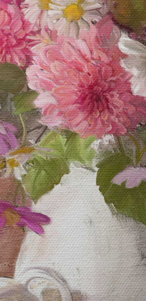 A painting of flowers in a vase and a bowl of croissants A painting of flowers in a vase and a bowl of croissants