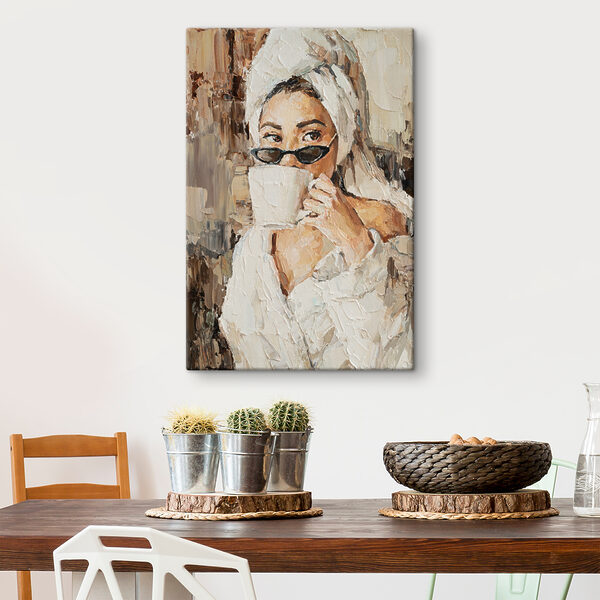 Een schilderij van een vrouw met een kopje Een schilderij van een vrouw met een kopje