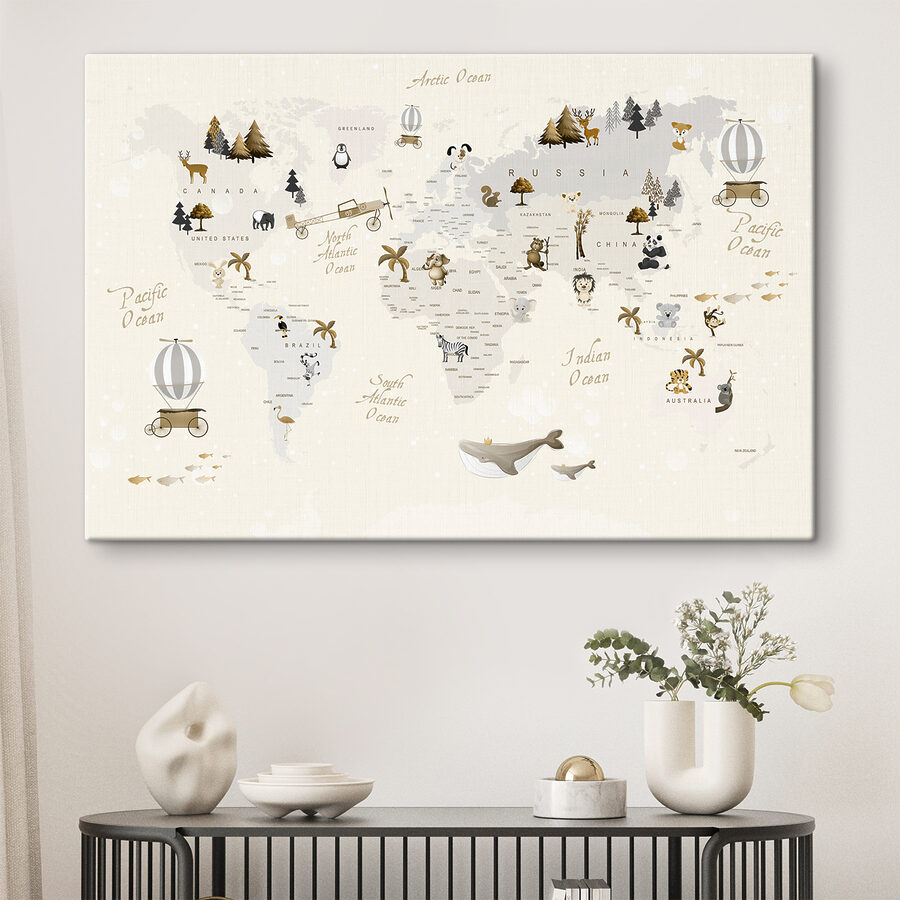 Een wereldkaart met dieren