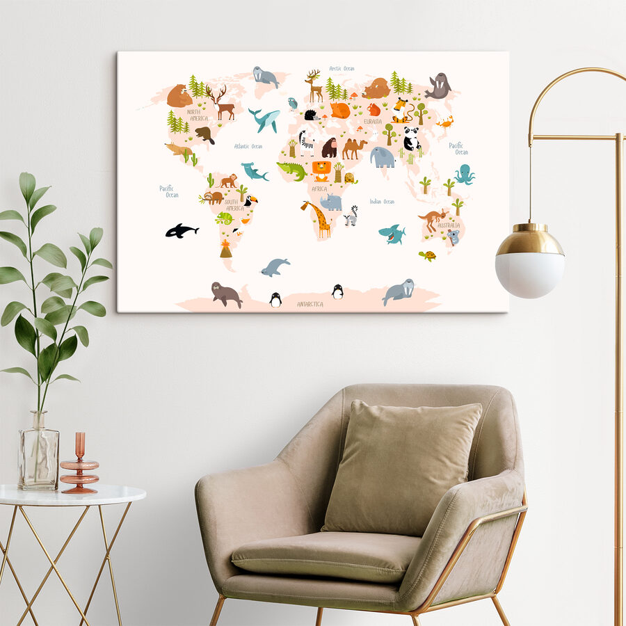 Een wereldkaart met dieren