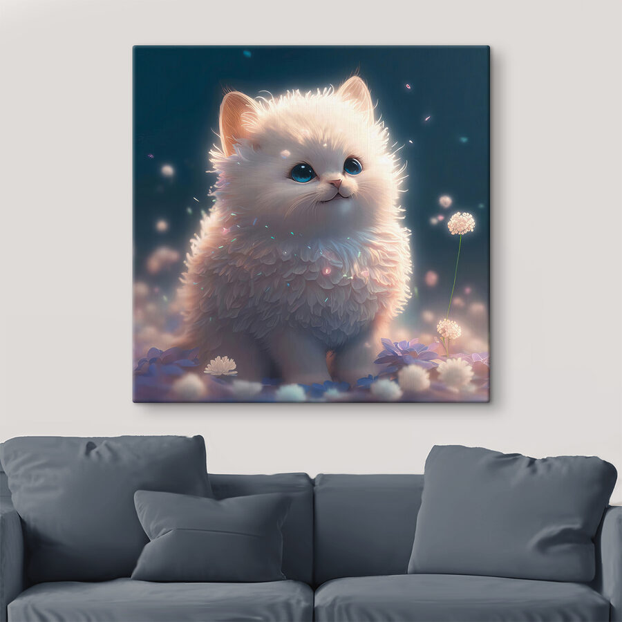 Een witte pluizige kat met blauwe ogen