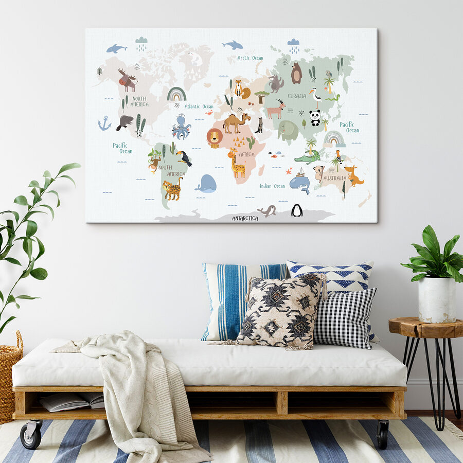 Een wereldkaart met dieren
