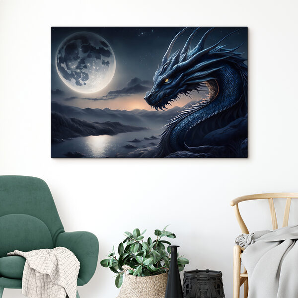 Een blauwe draak met een maan op de achtergrond Een blauwe draak met een maan op de achtergrond