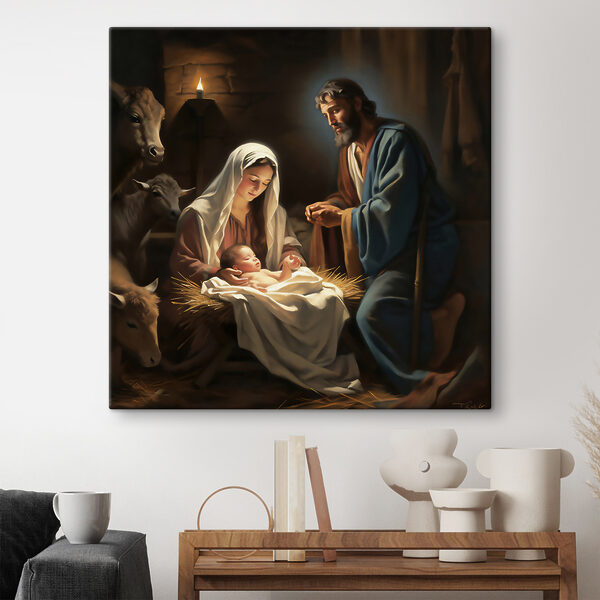 A painting of a man and woman in a manger with animals around A painting of a man and woman in a manger with animals around