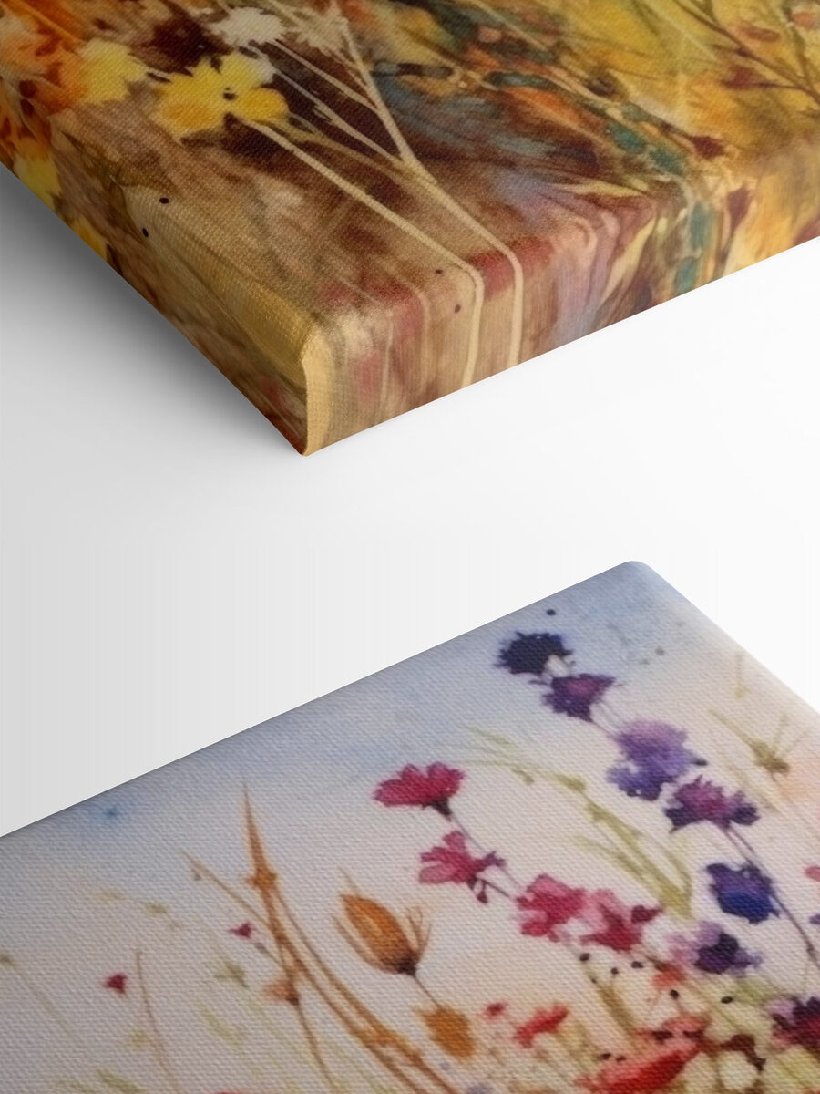 Een schilderij van bloemen in een veld