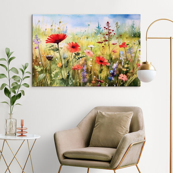 Een schilderij van bloemen in een veld Een schilderij van bloemen in een veld