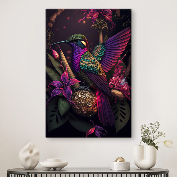 Een kleurrijke vogel zittend op een bol bloemen Een kleurrijke vogel zittend op een bol bloemen