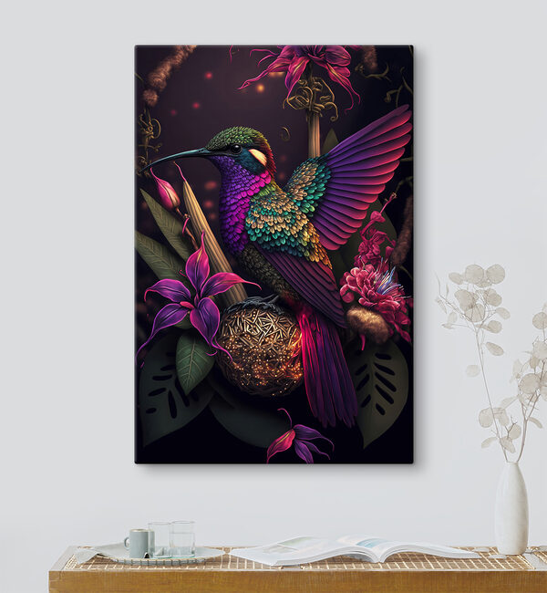 Een kleurrijke vogel zittend op een bol bloemen Een kleurrijke vogel zittend op een bol bloemen