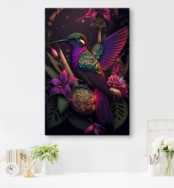 Een kleurrijke vogel zittend op een bol bloemen Een kleurrijke vogel zittend op een bol bloemen