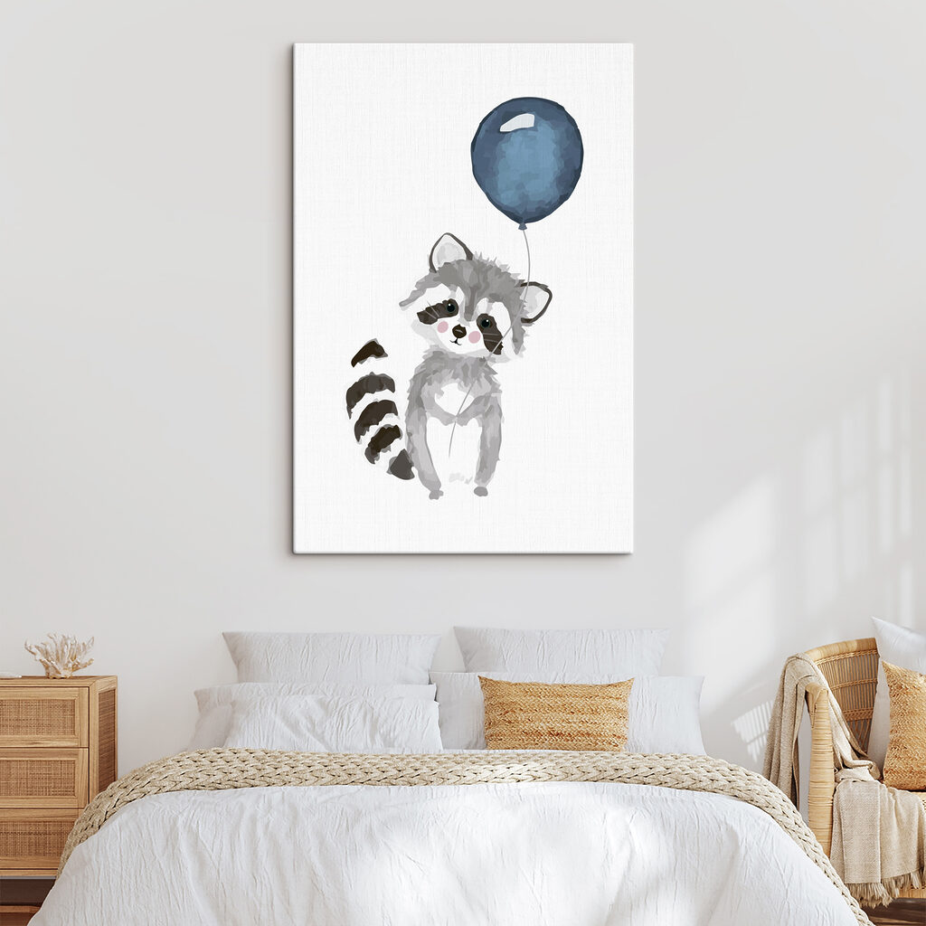 A raccoon holding a balloon