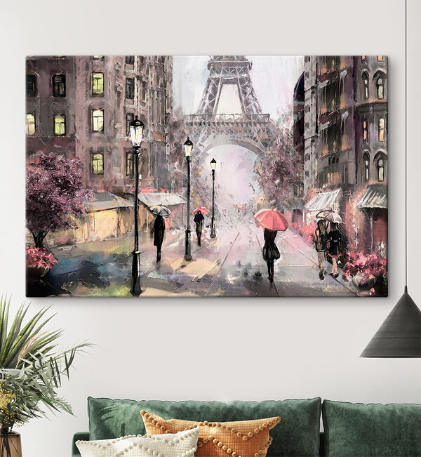Een schilderij van mensen die met paraplu's in een stad lopen Een schilderij van mensen die met paraplu's in een stad lopen