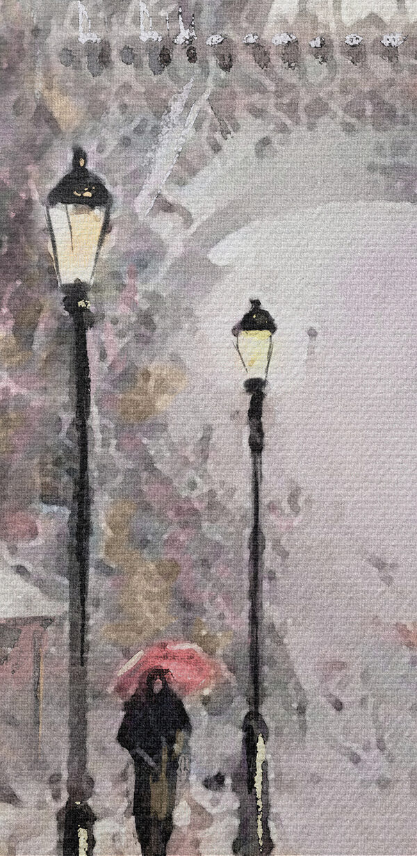Een schilderij van mensen die met paraplu's in een stad lopen Een schilderij van mensen die met paraplu's in een stad lopen