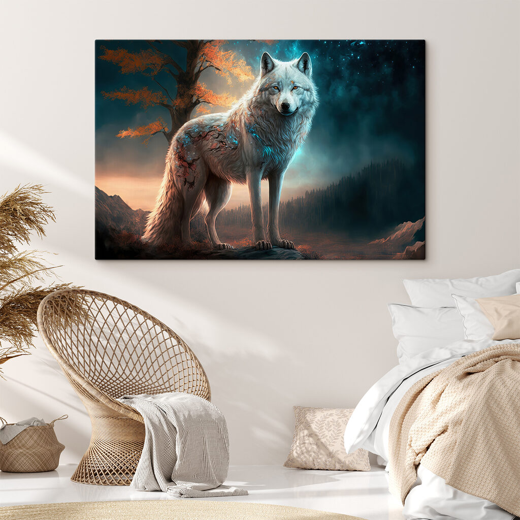 A white wolf standing on a rock