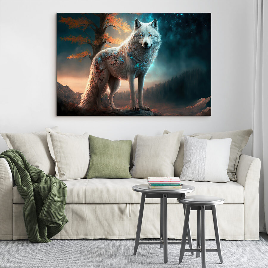 Een witte wolf op een rots