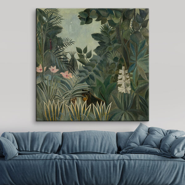 Een schilderij van een jungle met planten en bloemen Een schilderij van een jungle met planten en bloemen