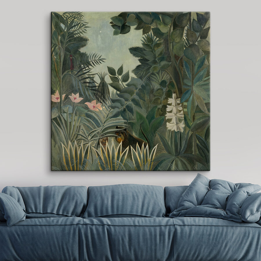 Canvas Schilderijen Een schilderij van een jungle met planten en bloemen - Afbeelding 4