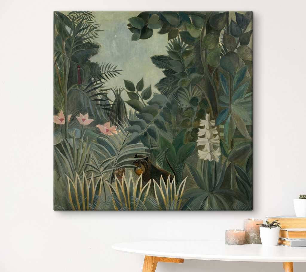 A painting of a jungle with plants and flowers
