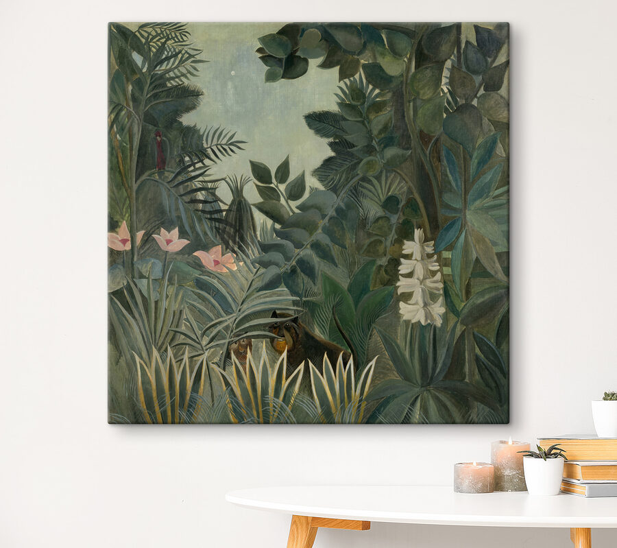 Canvas Schilderijen Een schilderij van een jungle met planten en bloemen - Afbeelding 5