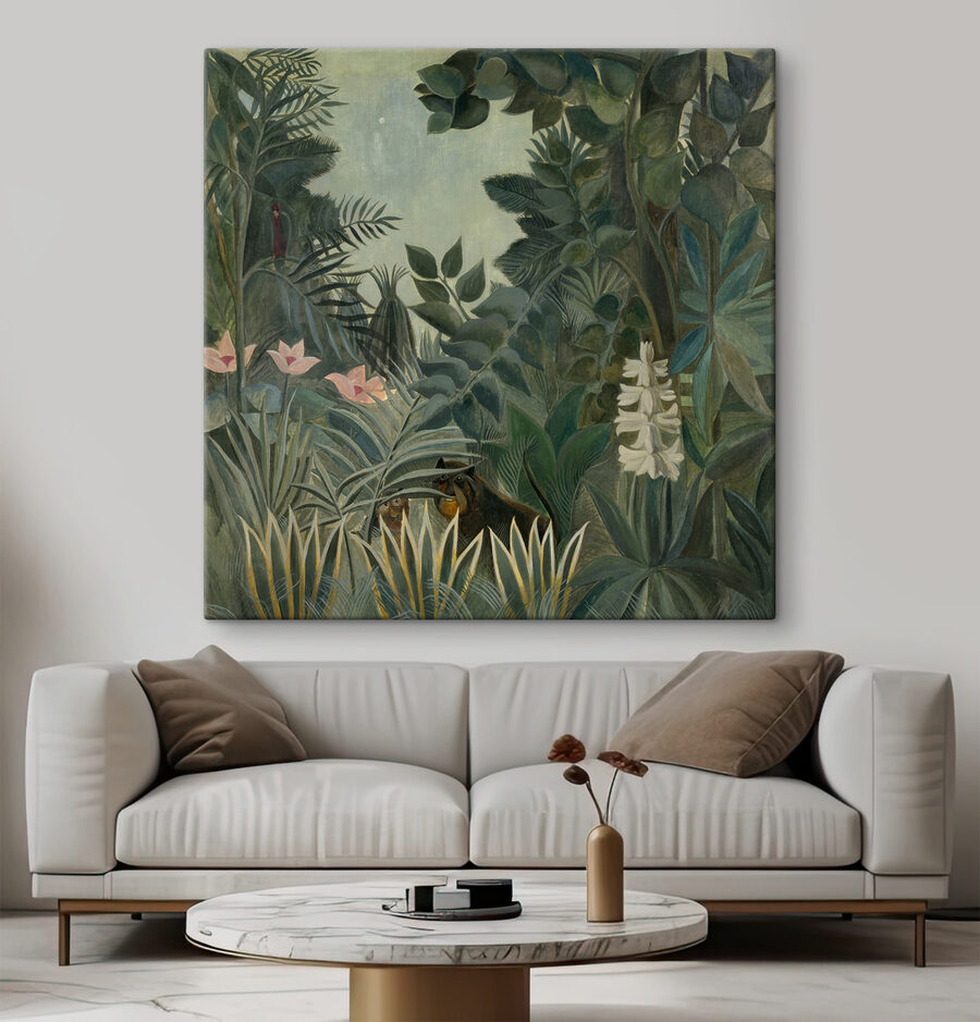 Canvas Schilderijen Een schilderij van een jungle met planten en bloemen - Afbeelding 6