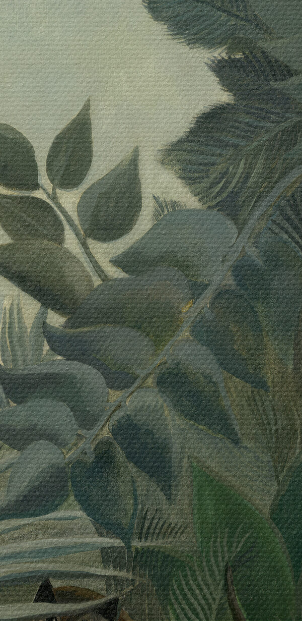 Een schilderij van een jungle met planten en bloemen Een schilderij van een jungle met planten en bloemen