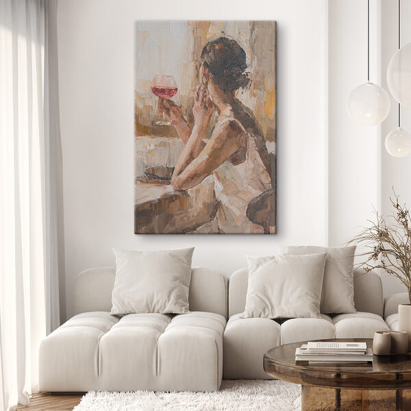 Een schilderij van een vrouw met een glas wijn in de hand Een schilderij van een vrouw met een glas wijn in de hand