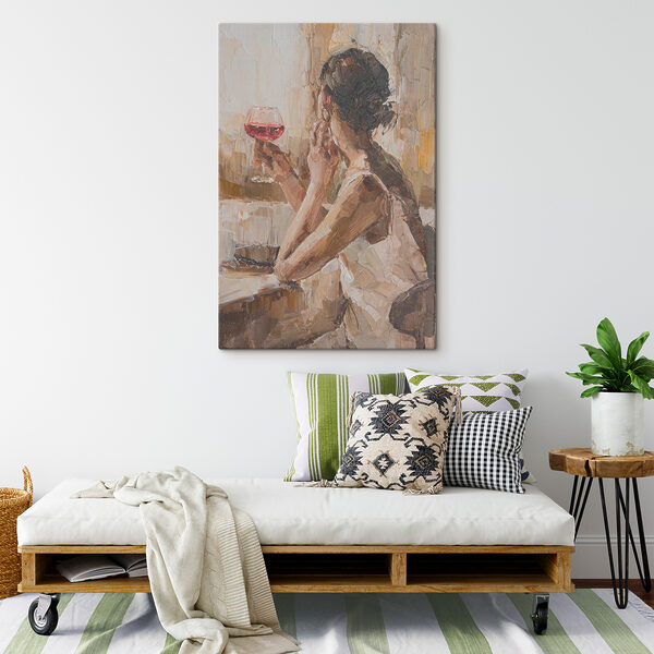Een schilderij van een vrouw met een glas wijn in de hand Een schilderij van een vrouw met een glas wijn in de hand